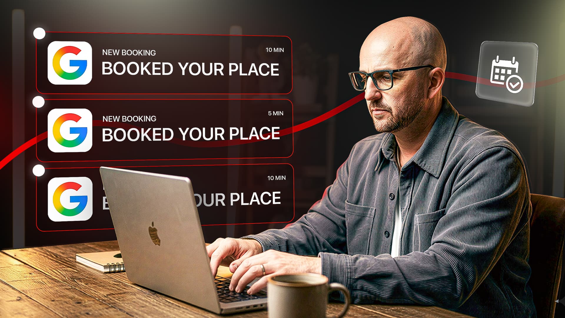 Entrepreneur travaillant sur son ordinateur avec des notifications de réservations Google en série.