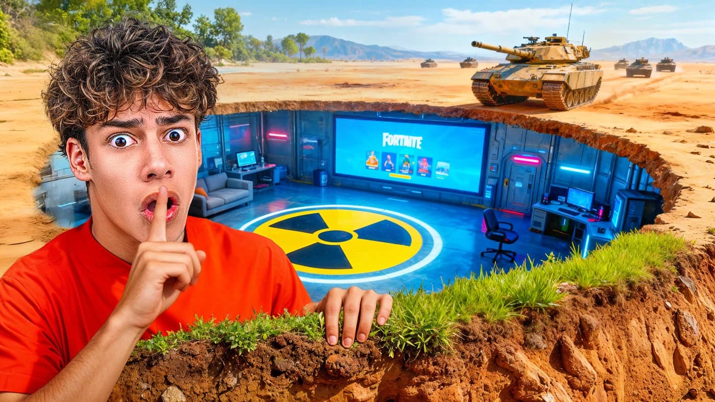 Homme découvrant un bunker secret sous terre avec une installation de gaming Fortnite et des tanks au-dessus.
