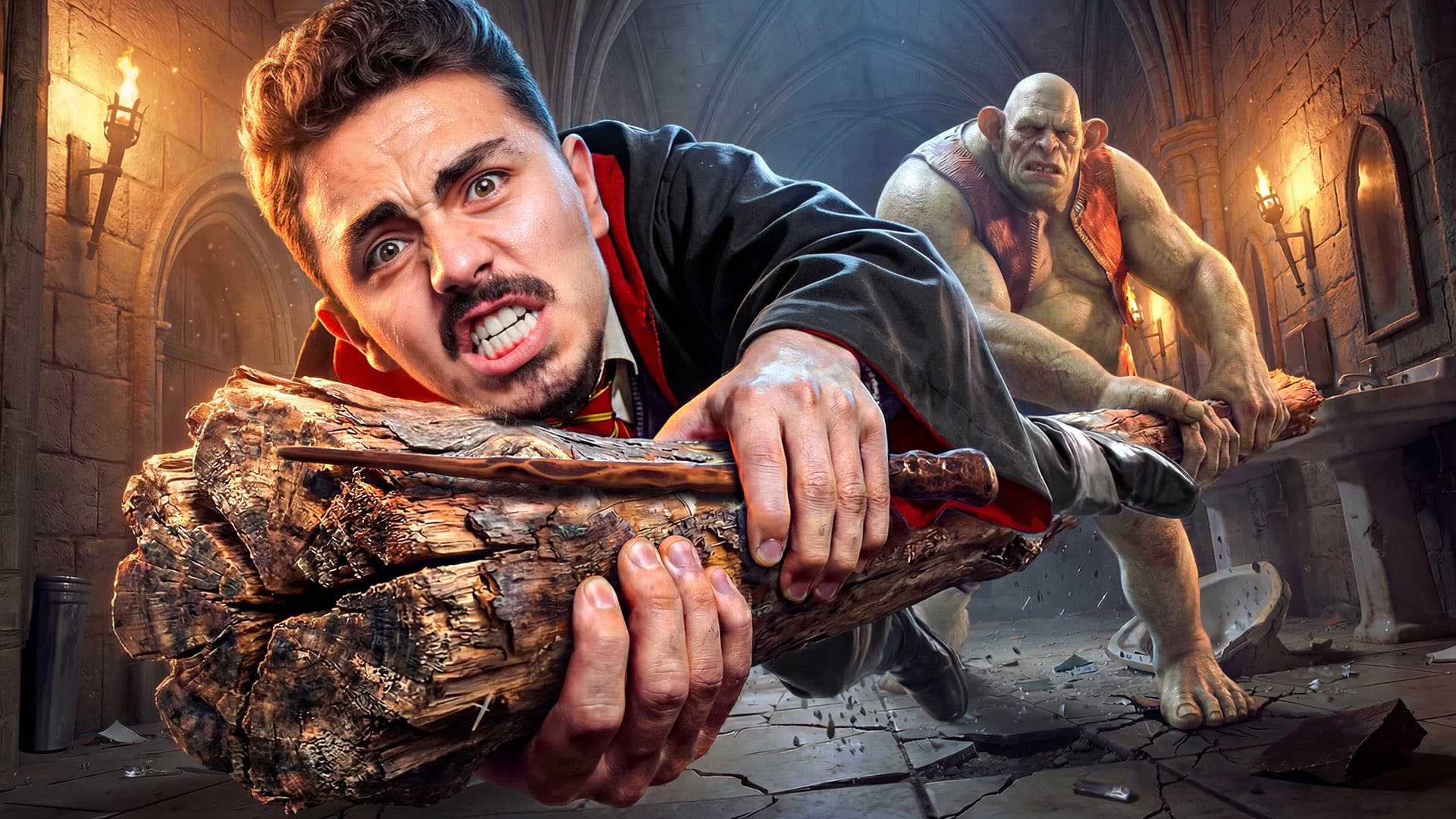 Homme en tenue de sorcier luttant contre un troll géant dans les toilettes de Poudlard.