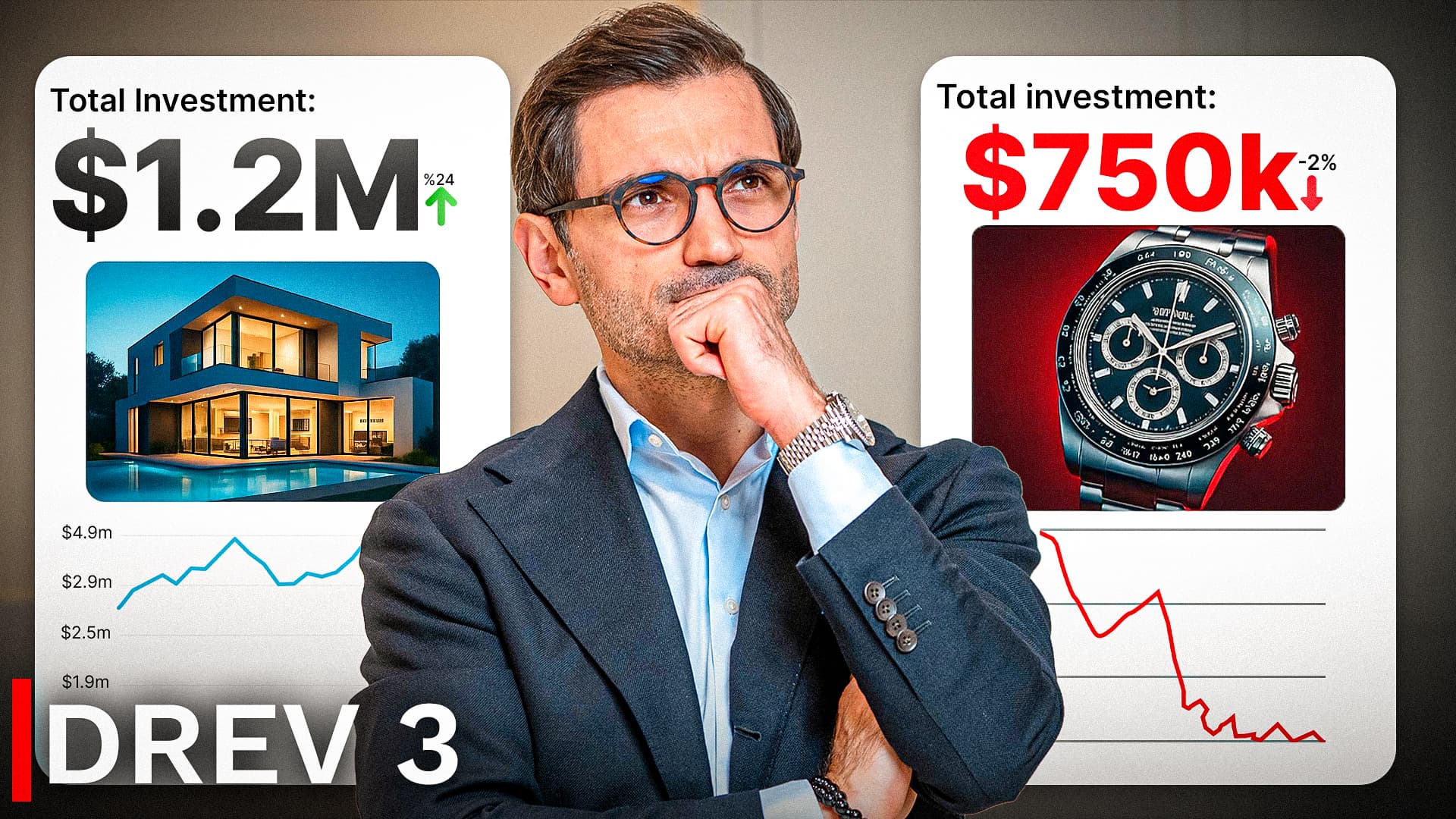 Homme réfléchissant devant un graphique comparant un gain de 1.2M$ en immobilier et une perte de valeur sur une montre de luxe.