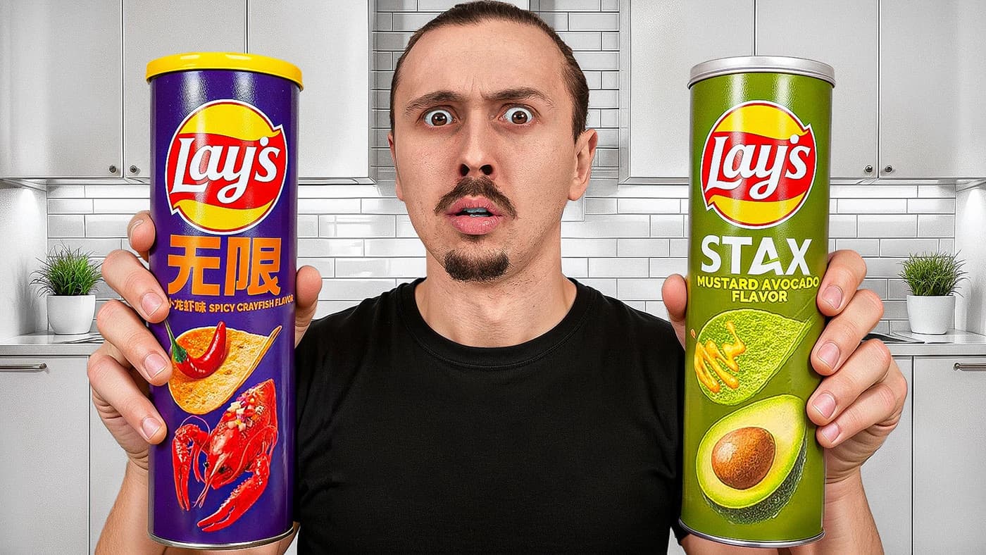 Homme surpris tenant deux boîtes de chips Lay's aux saveurs épicées et avocat moutarde.
