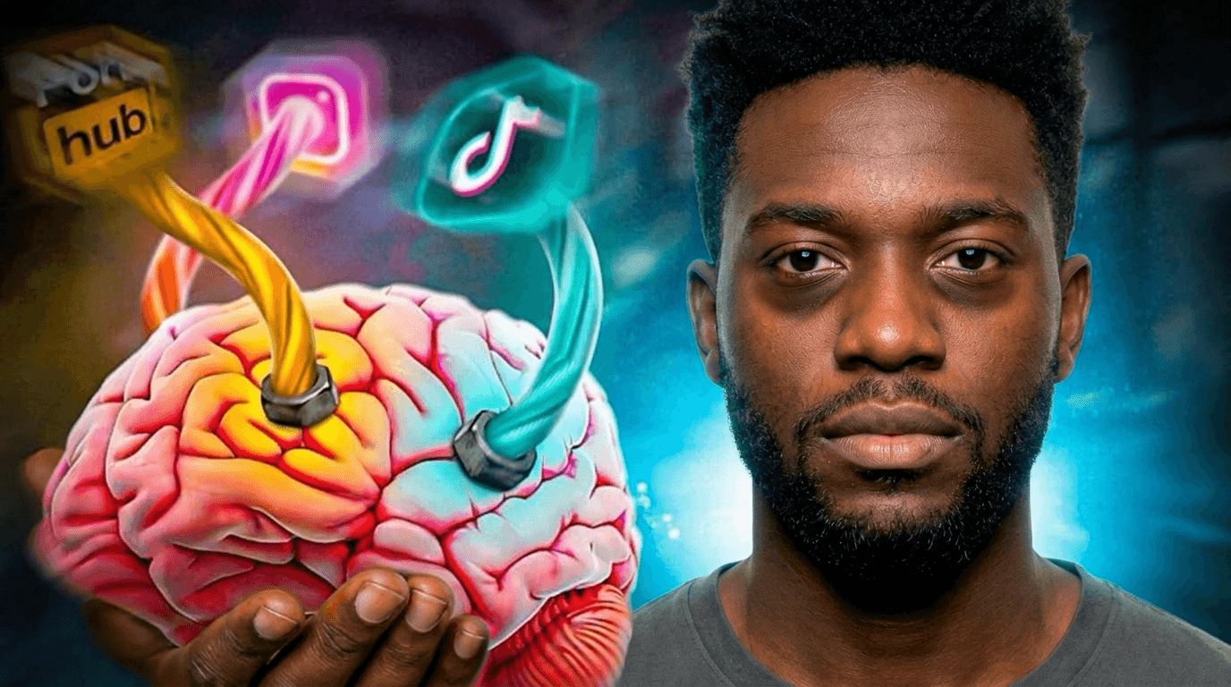 Illustration d'un cerveau saturé par les logos TikTok, Instagram et Snapchat avec des yeux hypnotisés.