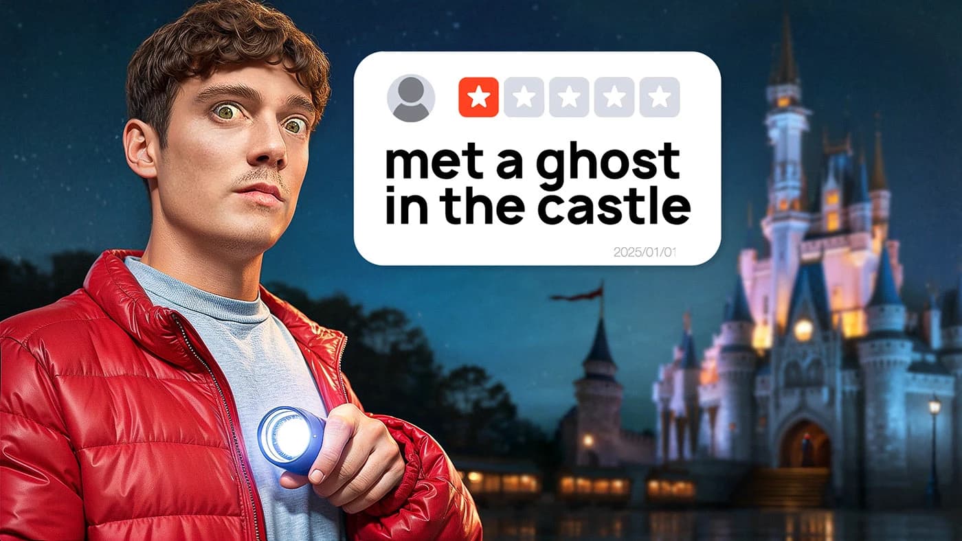 Exploration nocturne avec lampe torche devant un château hanté avec un avis négatif 'met a ghost'.