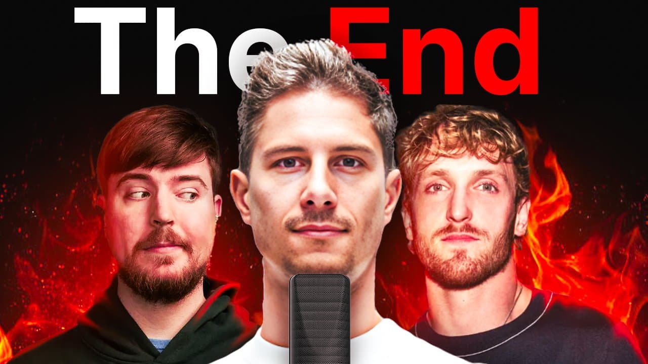 Analyse de la fin d'une ère sur YouTube avec les visages de MrBeast et Logan Paul sur fond de flammes.