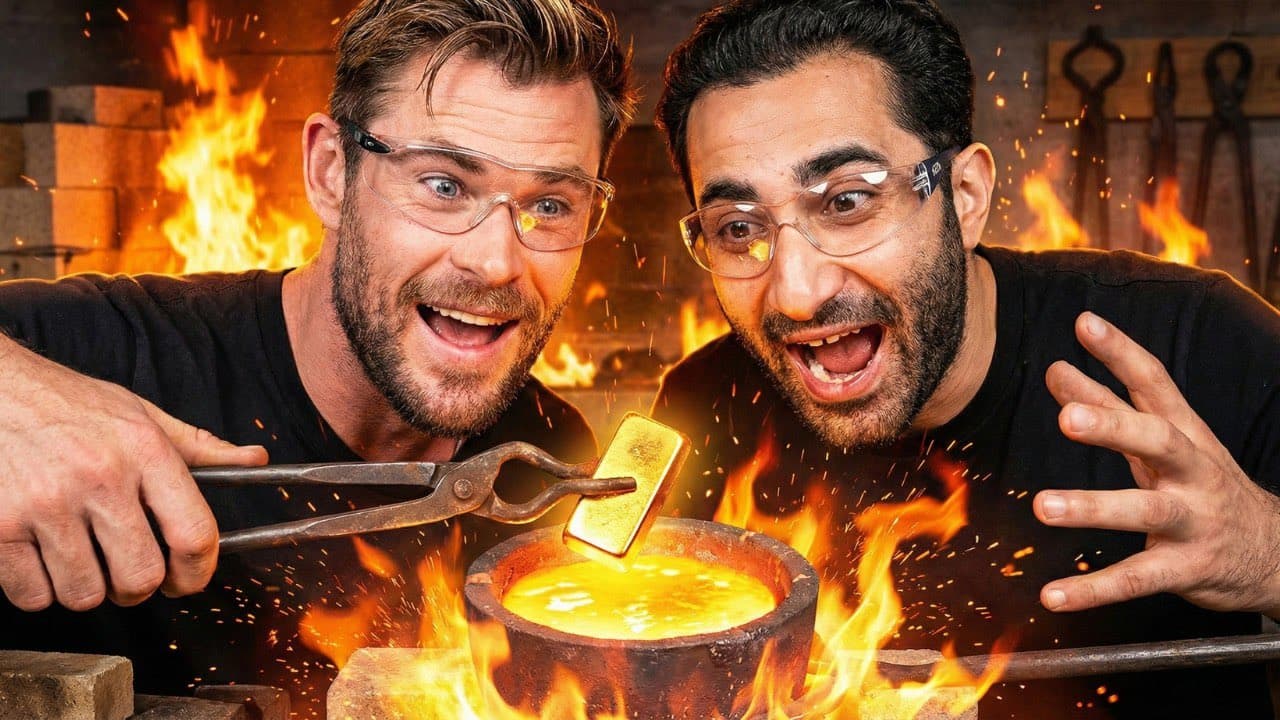Deux hommes enthousiastes plongeant un lingot d'or dans un creuset en fusion dans une forge.