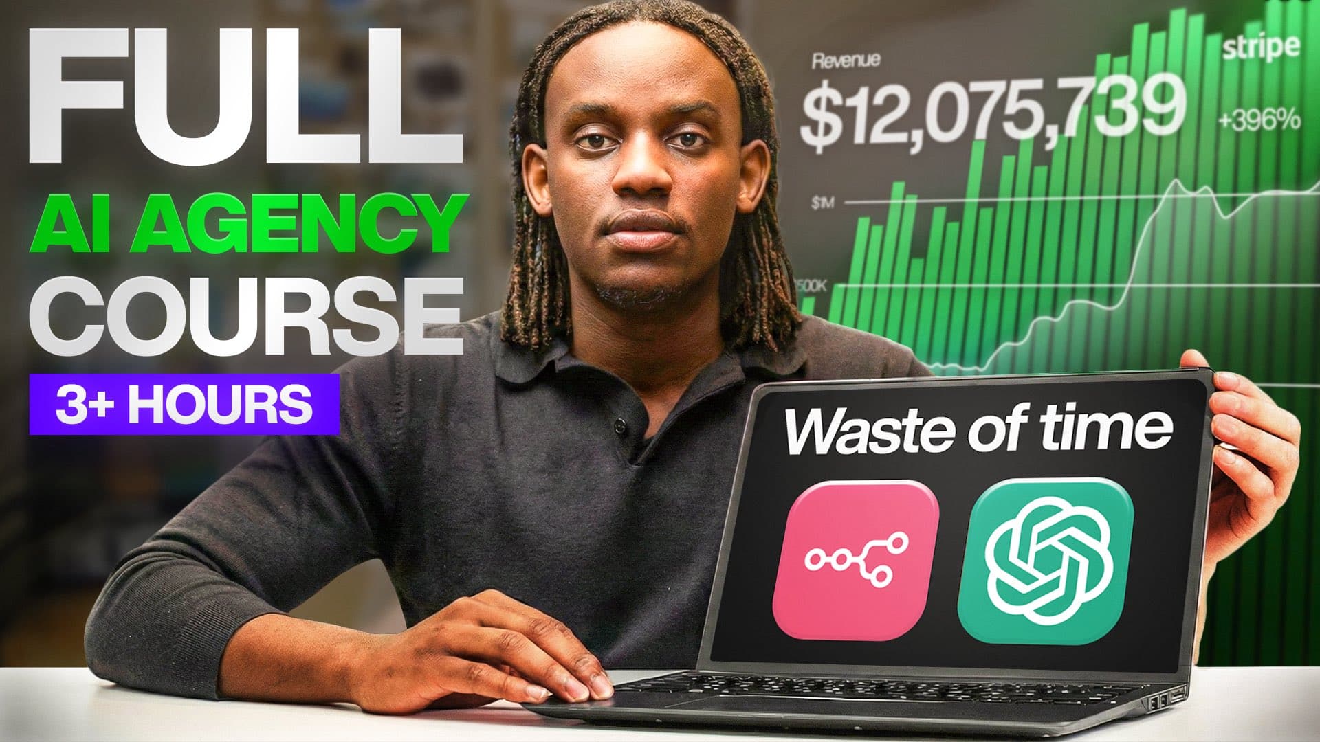 Formateur montrant un revenu Stripe de 12 millions de dollars pour un cours complet sur la création d'agence IA.