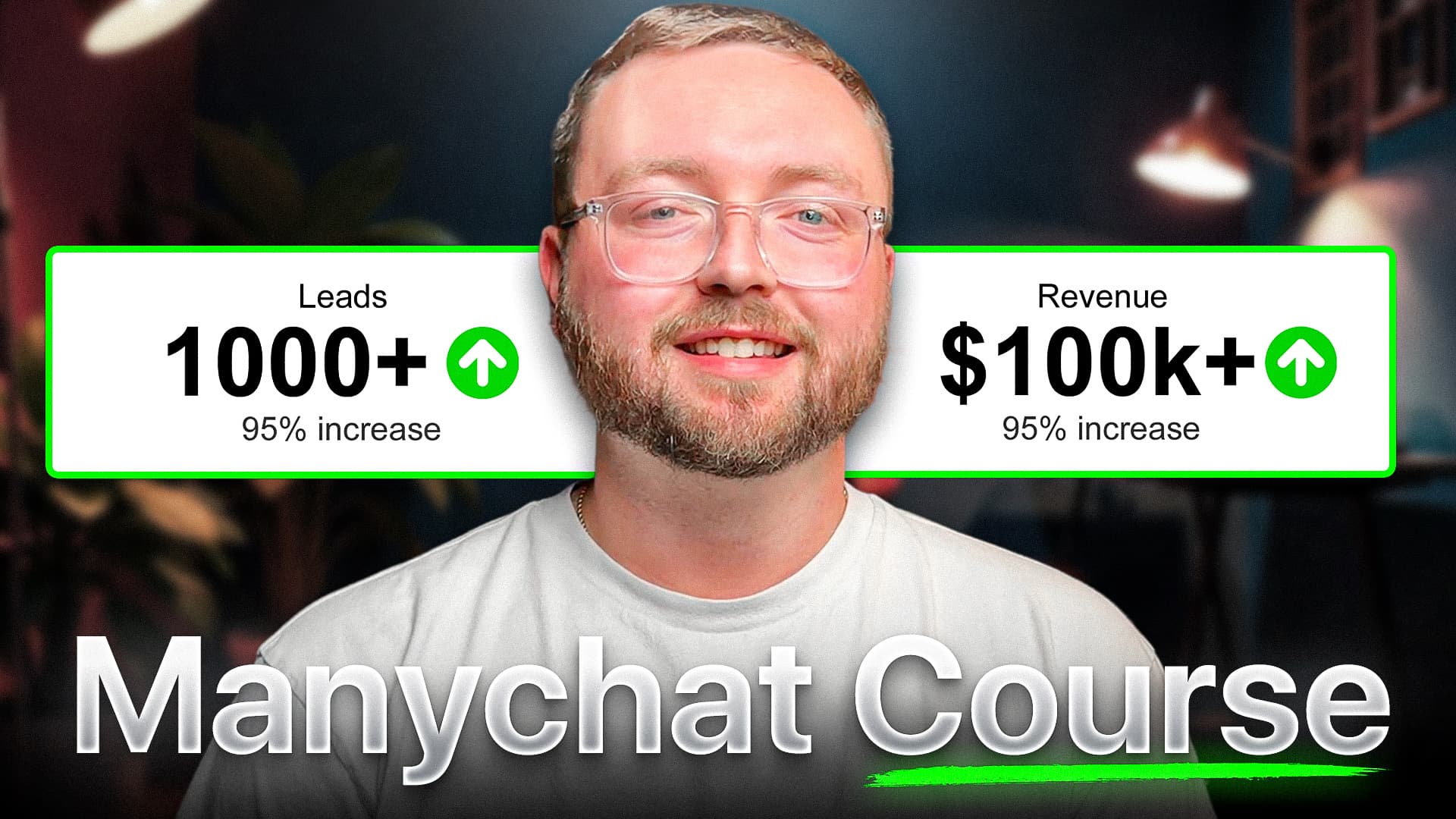 Entrepreneur souriant avec lunettes présentant des statistiques de croissance : +1000 leads et +100k dollars de revenus grâce à Manychat.