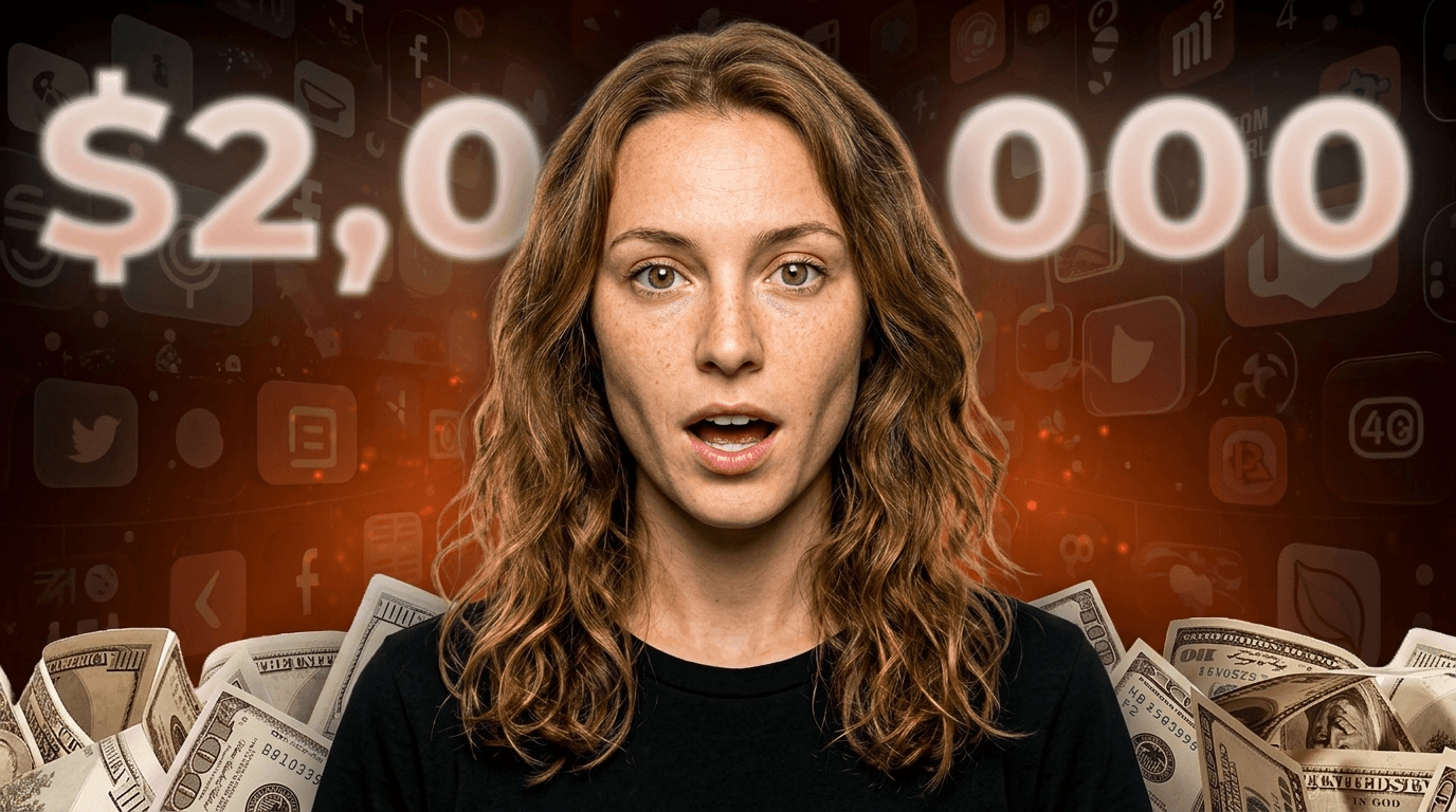 Jeune entrepreneur devant le chiffre 2 millions de dollars et des liasses de billets de banque.