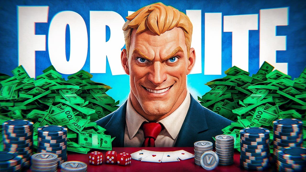 Personnage type Fortnite souriant devant des piles de billets et jetons de casino V-Bucks.