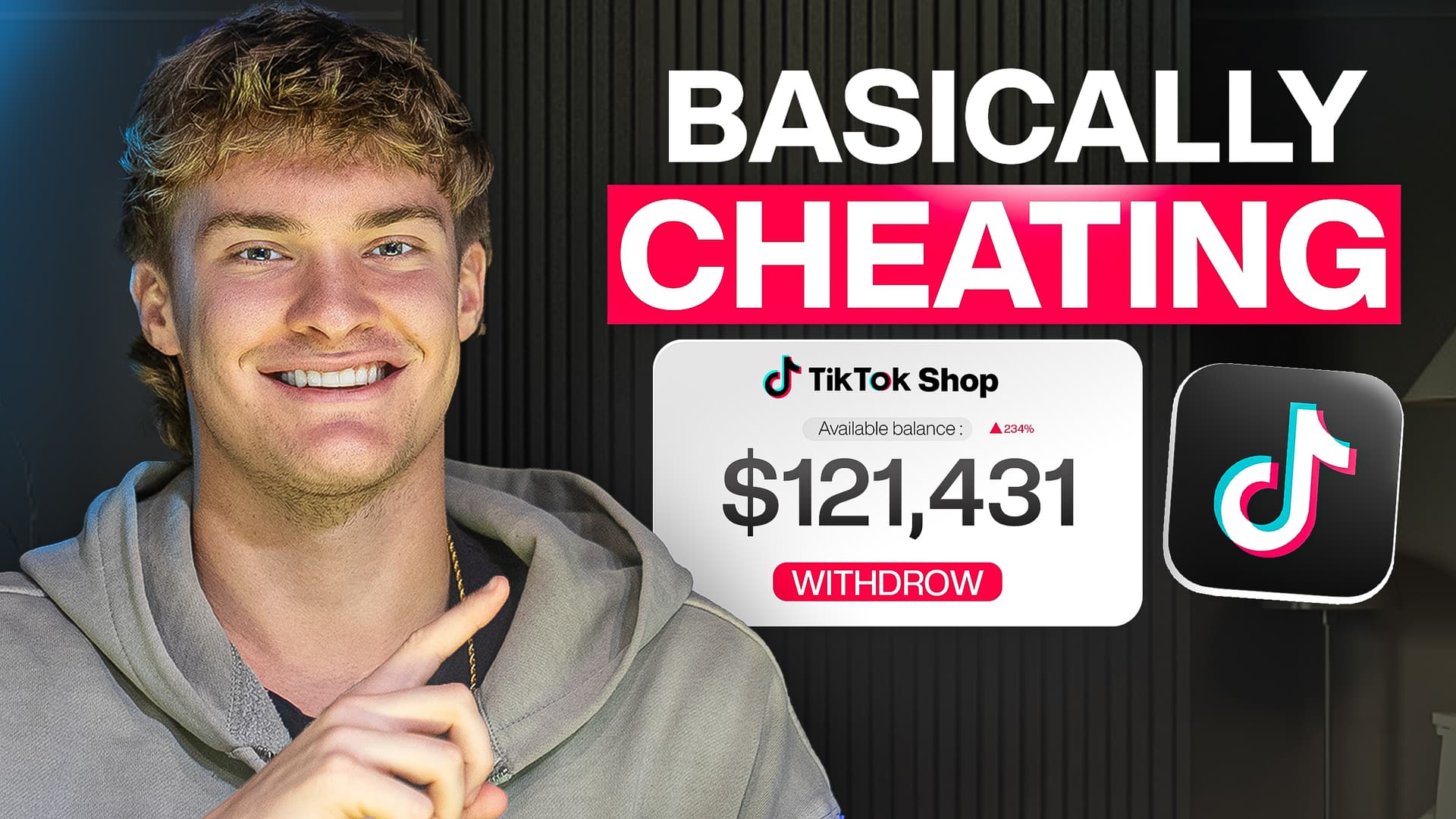 Jeune homme pointant un solde de 121 431 dollars sur l'application TikTok Shop avec la mention 'Basically Cheating'.