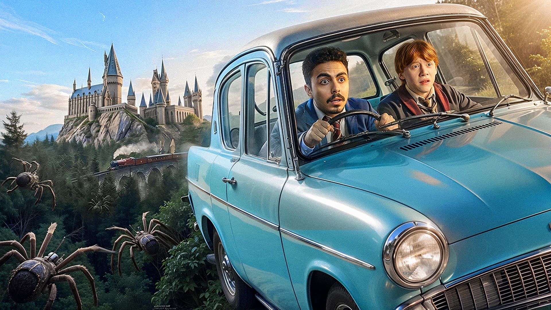 Homme et Ron Weasley paniqués dans la voiture bleue poursuivie par des araignées géantes vers Poudlard.