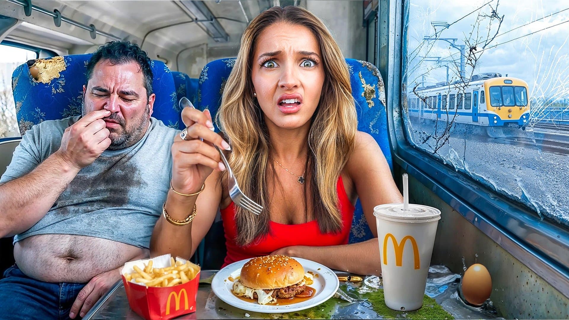 Femme dégoûtée mangeant un menu McDonald's dans un train à côté d'un homme peu soigné.