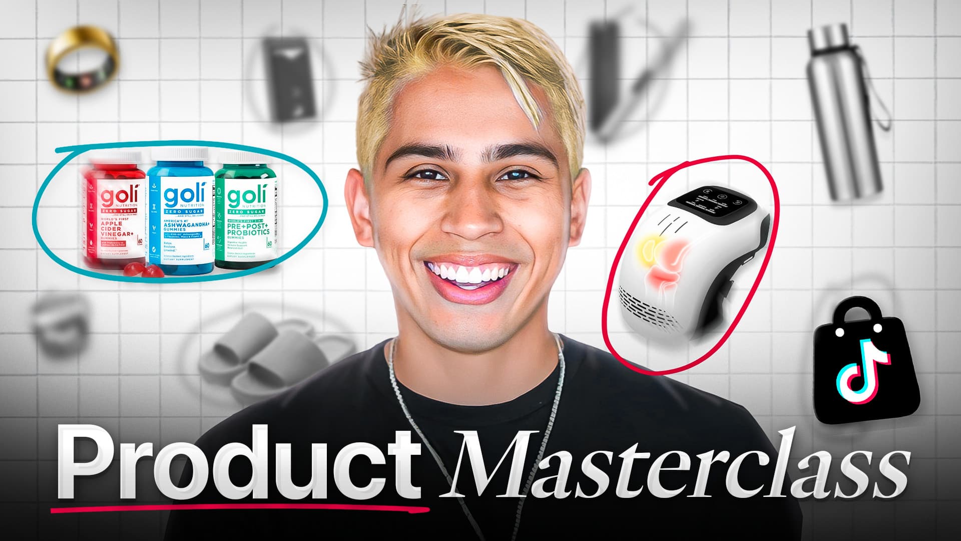 Expert e-commerce présentant une masterclass sur les produits viraux comme les vitamines Goli et des appareils de massage.