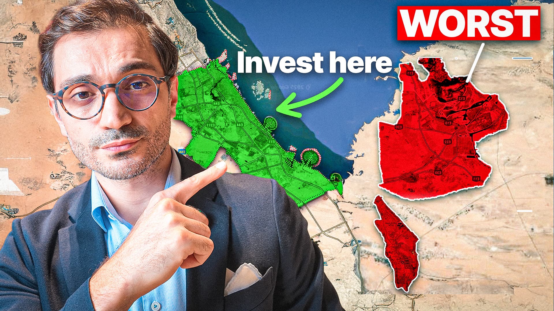 Investisseur analysant une carte de Dubaï avec des zones vertes 'Invest here' et rouges 'Worst' pour l'achat immobilier.