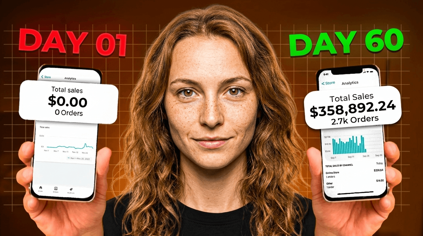 Comparaison de ventes e-commerce entre le jour 1 et le jour 60 montrant un gros chiffre d'affaires.