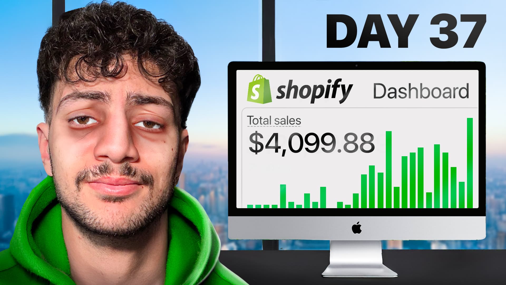 Jeune homme fatigué montrant un dashboard Shopify avec 4 099 dollars de ventes au jour 37 d'un challenge.