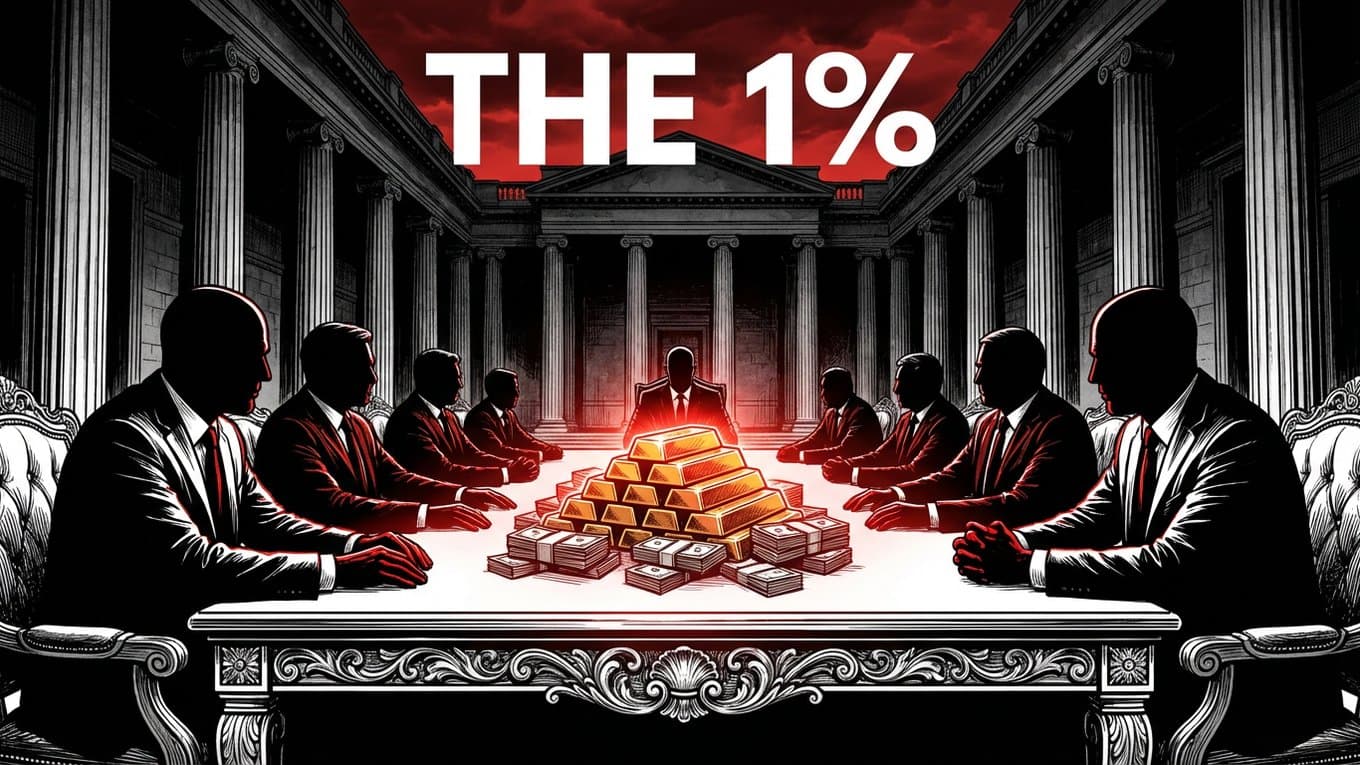 Hommes en costume lors d'une réunion secrète 'The 1%' autour d'une table remplie de lingots d'or.