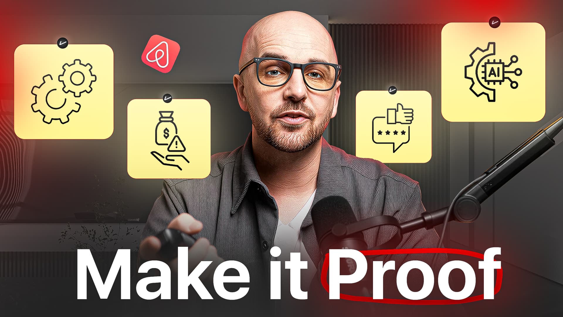 Expert en business montrant des icônes d'automatisation, d'IA et d'Airbnb avec le texte 'Make it Proof'.